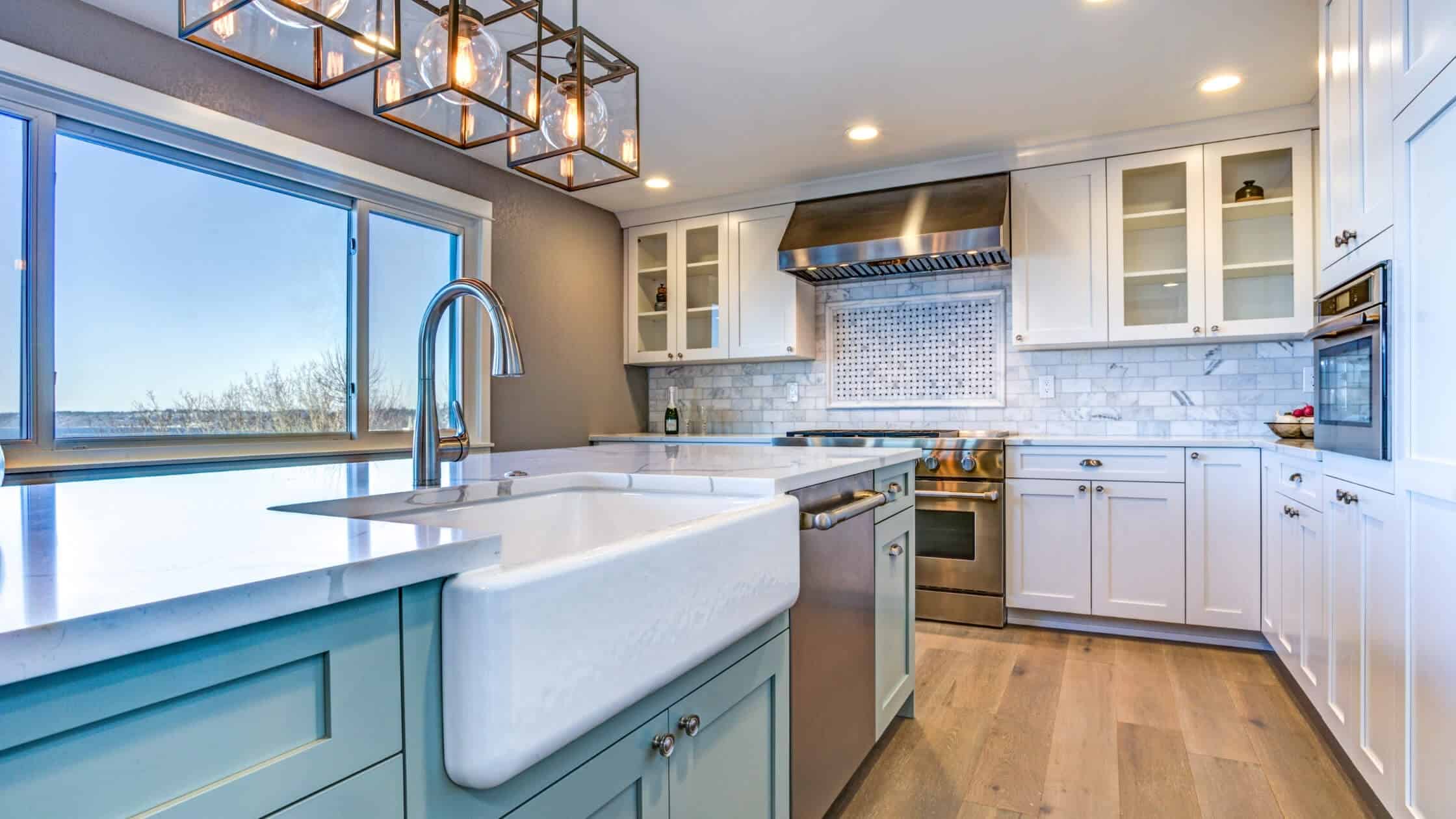 Modern teal and white kitchen